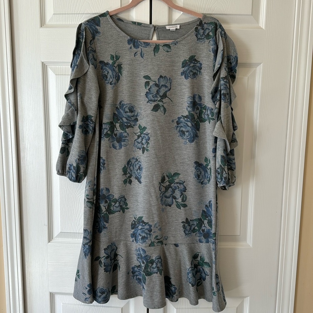 Westport blue floral gray sweatshirt drop waist ruffle dress Large